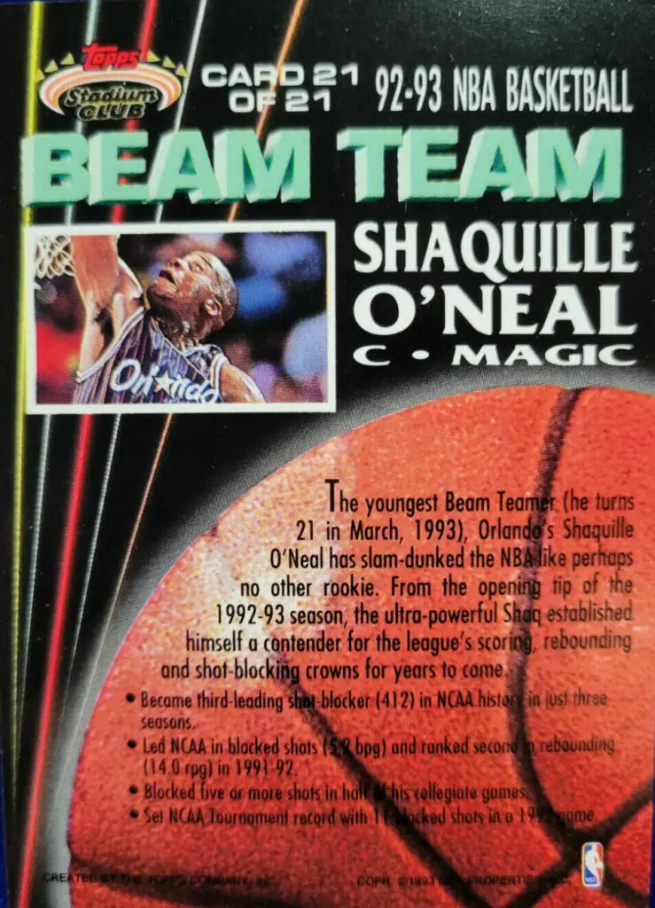 1992 “Shaq” O’Neal Stadium Club Beam Team #21 back of card