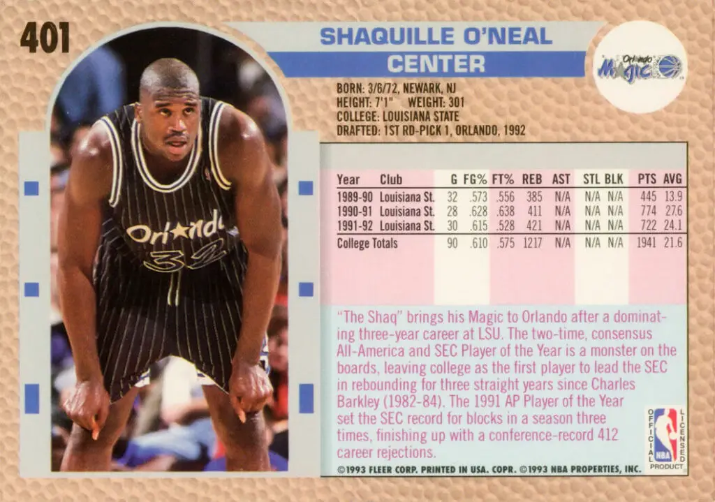 1992 Shaq RC #401 Magic back of card