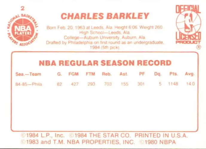 1985-1986 star, card #2 charles barkley rear of card
