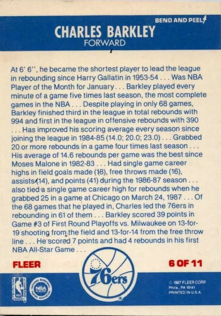 Charles Barkley 1987-1988 Fleer Sticker, Card #6 rear