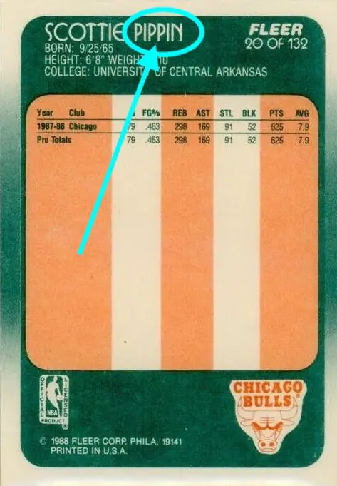 1988-1989 Fleer name error, Card #20
