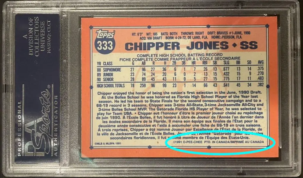 Chipper Jones 1991 O-Pee-Chee, Card #333 rear