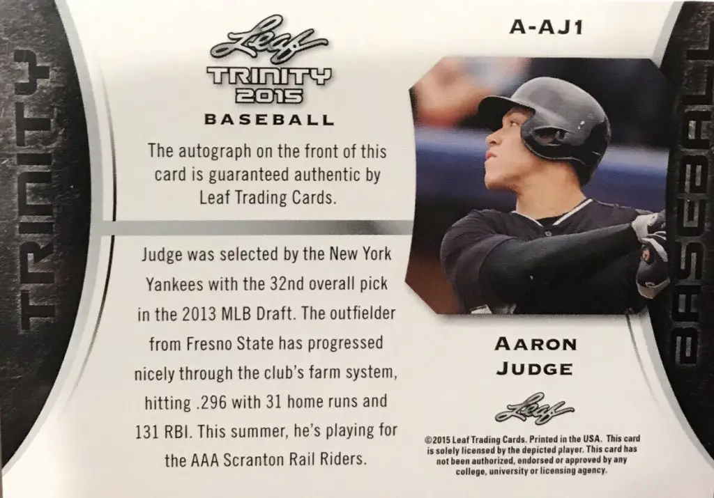 2015 Leaf Trinity Autograph Aaron Judge, Baseball Card #A-AJ1 rear of card