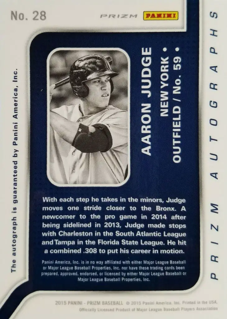 2015 Panini Prizm Autographs Aaron Judge #28. Back of baseball Card