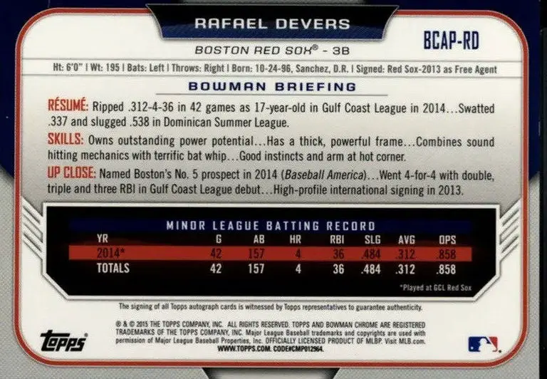 2015 topps bowman chrome prospect autograph RC rafael devers - Back of baseball card