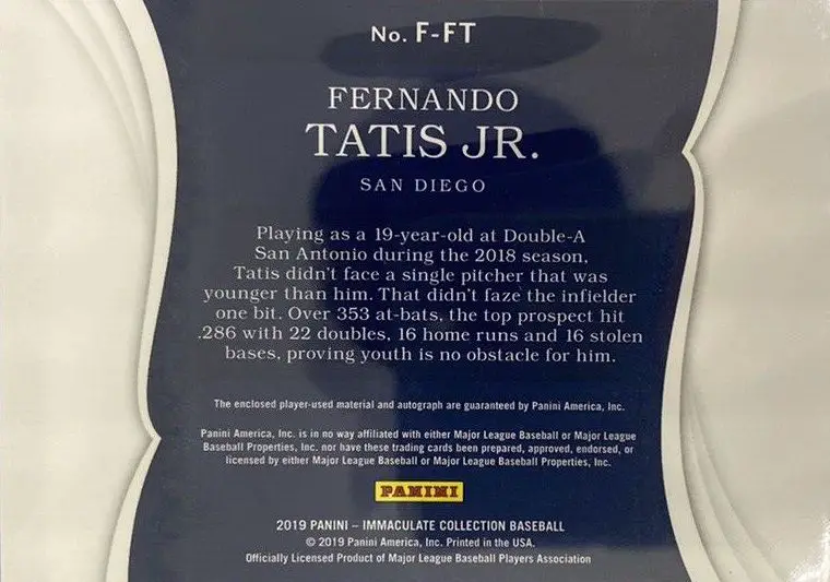 2019 panini immaculate collection rpa #f-ft fernando tatis Jr. Rear of card
