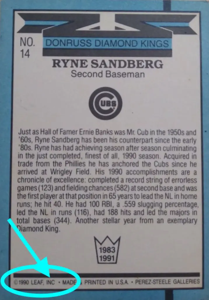 Donruss #14 Sandberg error card