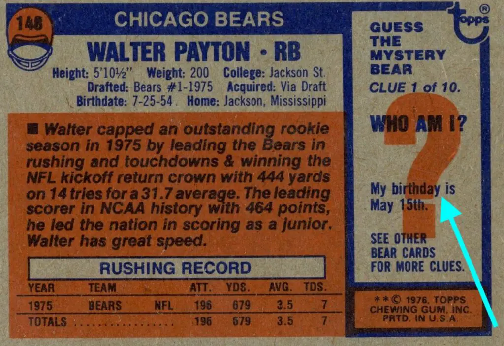1976 Topps Walter Payton Rookie Card #148 back of card