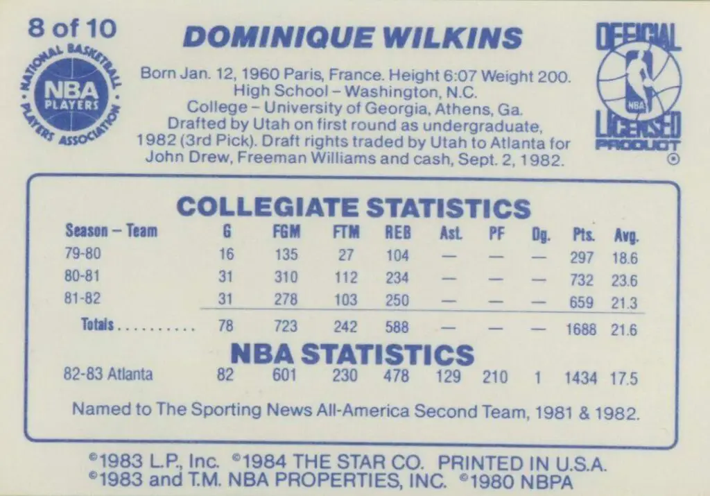 1983-1984 Star All-Rookie Team Rookie Card #8 rear of card