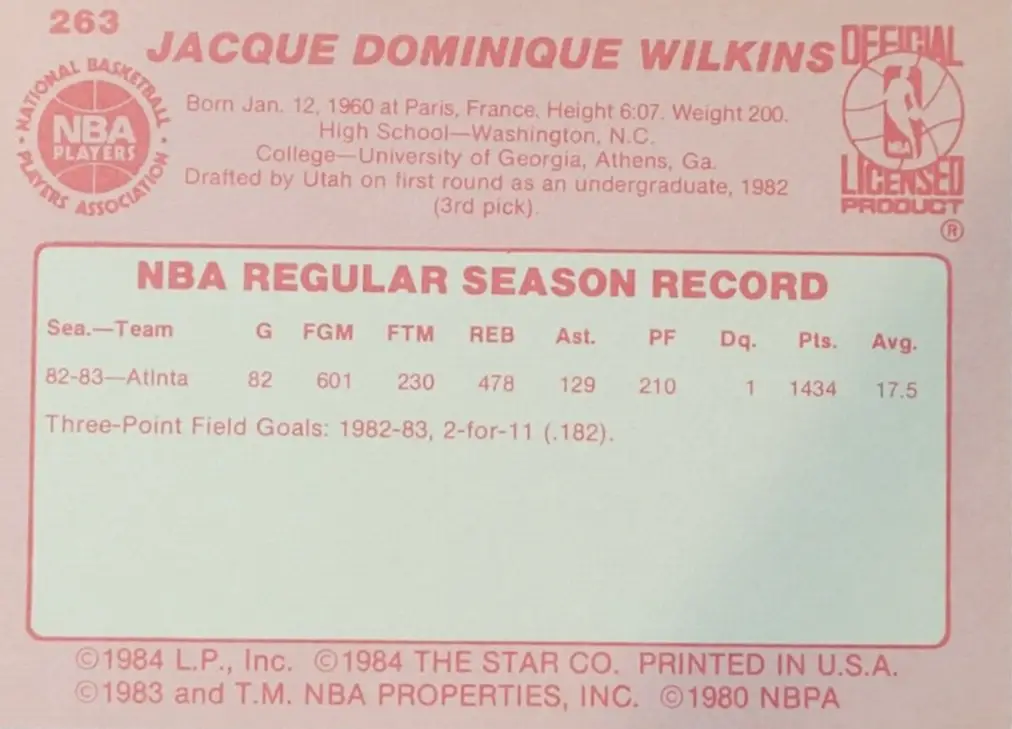 1983-1984 Star Rookie Card #263 rear of card
