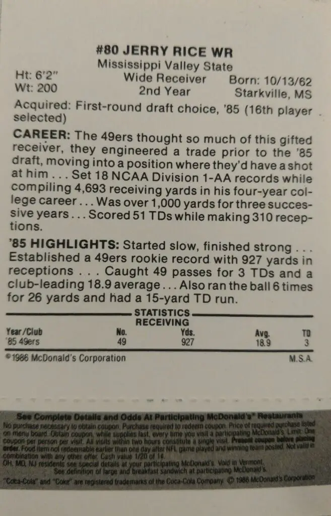 1986 McDonald's Rookie Card rear of card