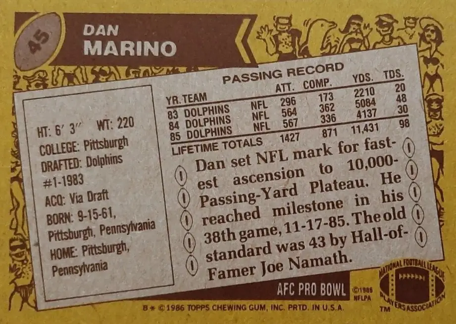1986 Topps Dan Marino rear of Card #45