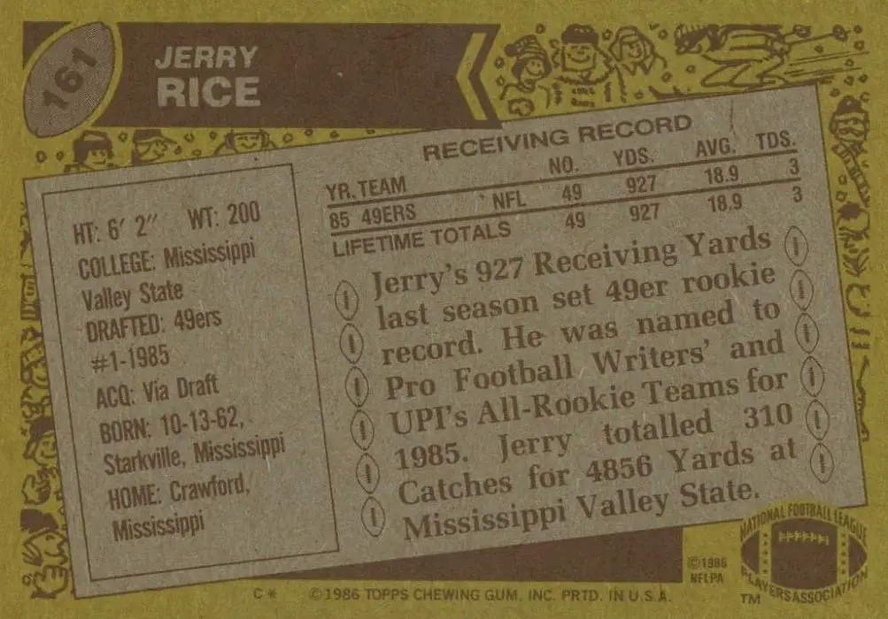 1986 Topps Jerry Rice Rookie Card #161 rear of card