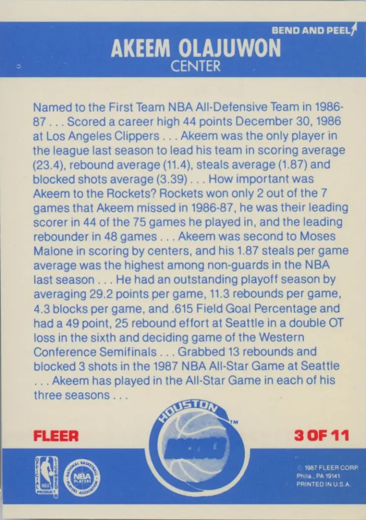 1987-1988 Fleer Sticker #3 - rear of sticker