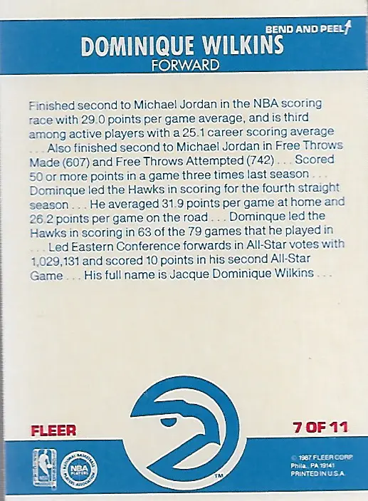 1987-1988 Fleer Sticker Card #7 rear of sticker card