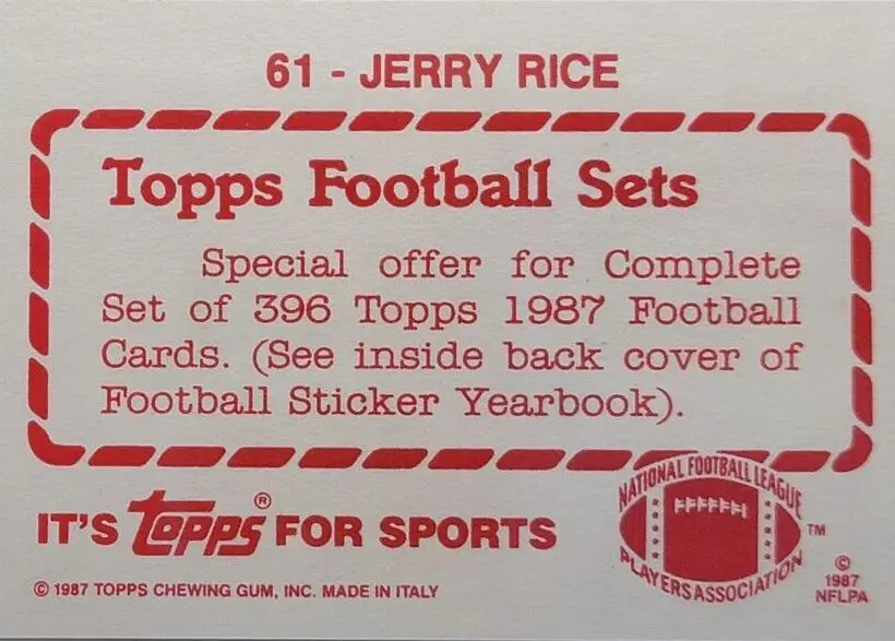 1987 Topps Jerry Rice Sticker Cards #61 - rear of card
