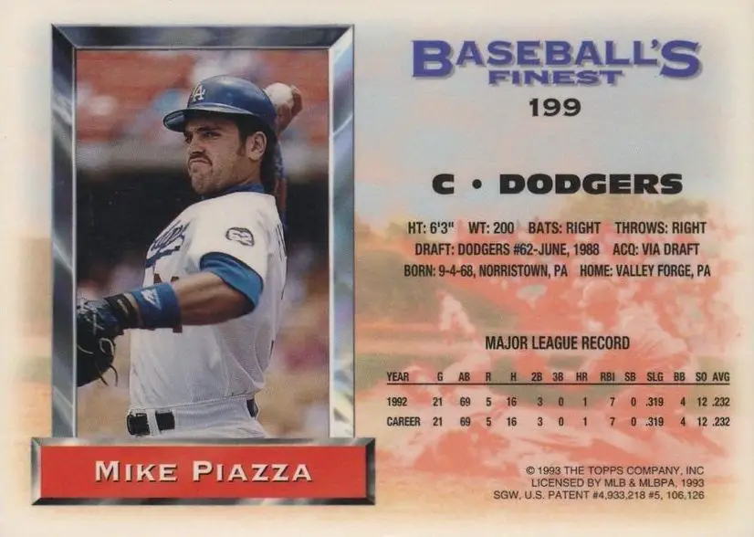 1993 Mike Piazza Topps Finest Refractor baseball Card #199 rear of card