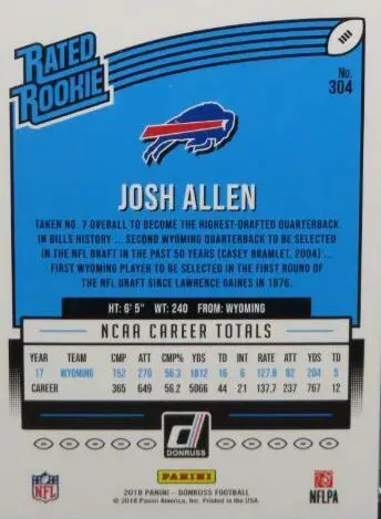 2018 Donruss Rated Rookie Football Josh Allen #304 rear of card