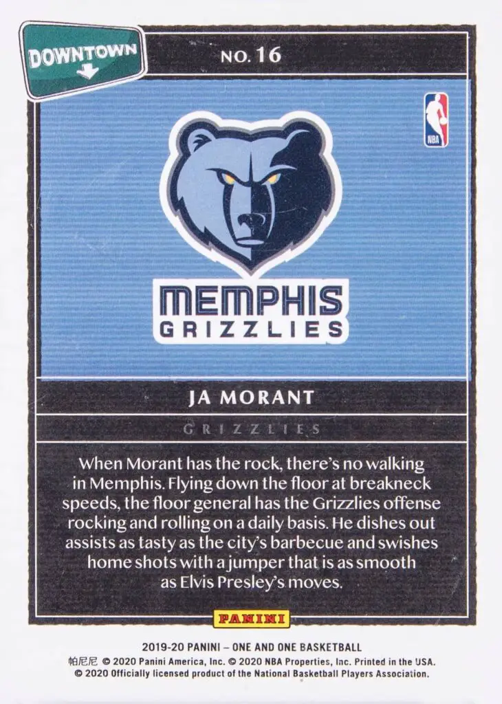 2019-2020 Panini One and One Downtown Card #16 Back of Card