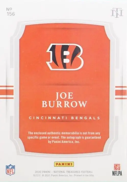 2020 National Treasures Joe Burrow Auto Patch RC #156 rear of card