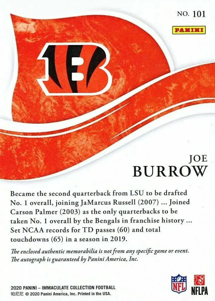 2020 panini immaculate collection rpa #101 rear of card