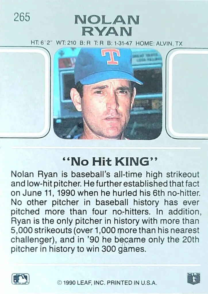 Nolan Ryan No Hit King #265 - rear of card