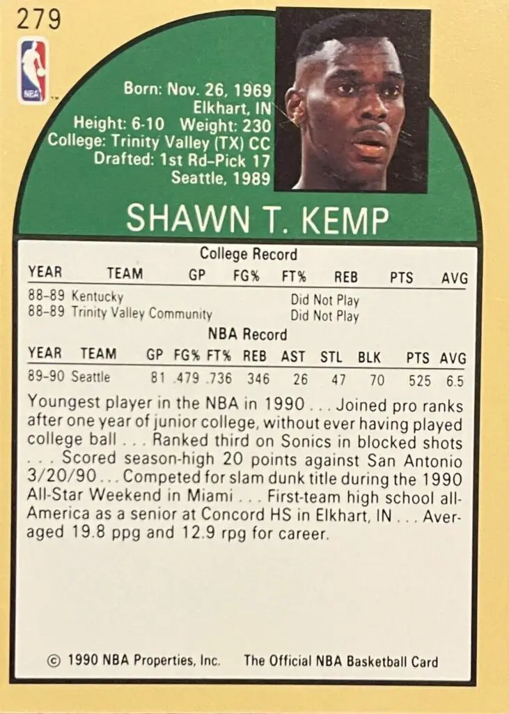 Shawn Kemp Rookie Card #279 back of card