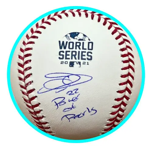 Signed 2021 World Series baseballs by Joc Pederson