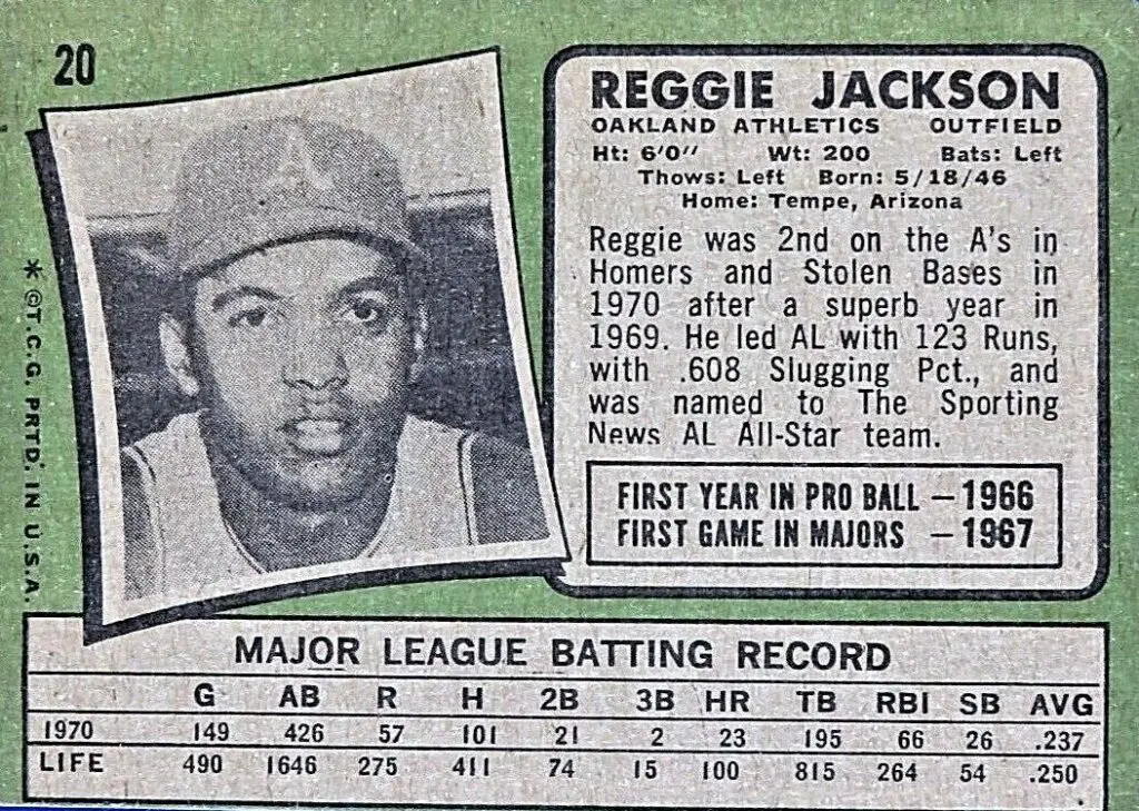 1971 Topps Card #20 rear of card