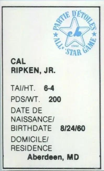 1982 All-Star Game Program Insert rc back of card