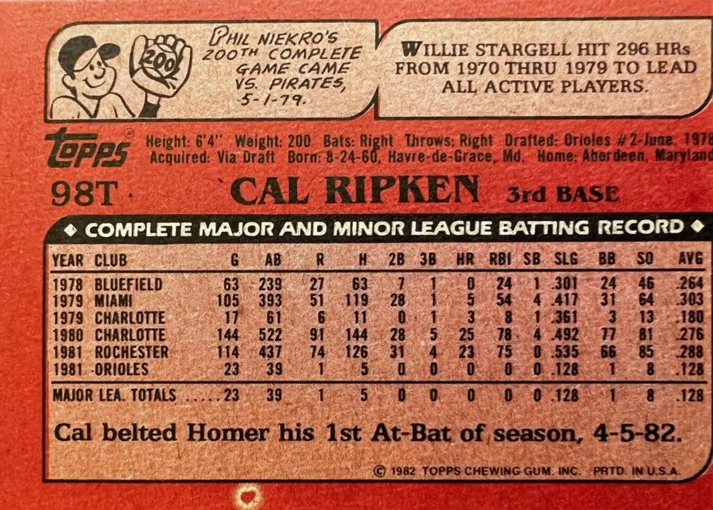 1982 Topps Traded Rookie Card #98T back of card