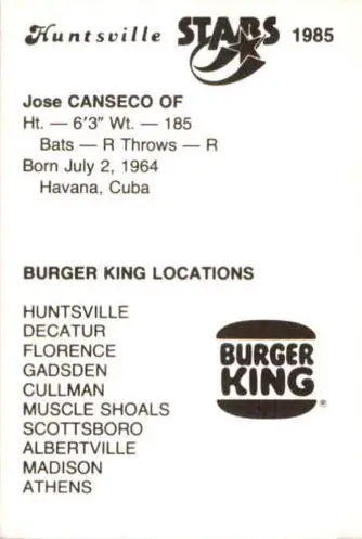 1985 Huntsville Stars Jennings #44 #NNO rear of card