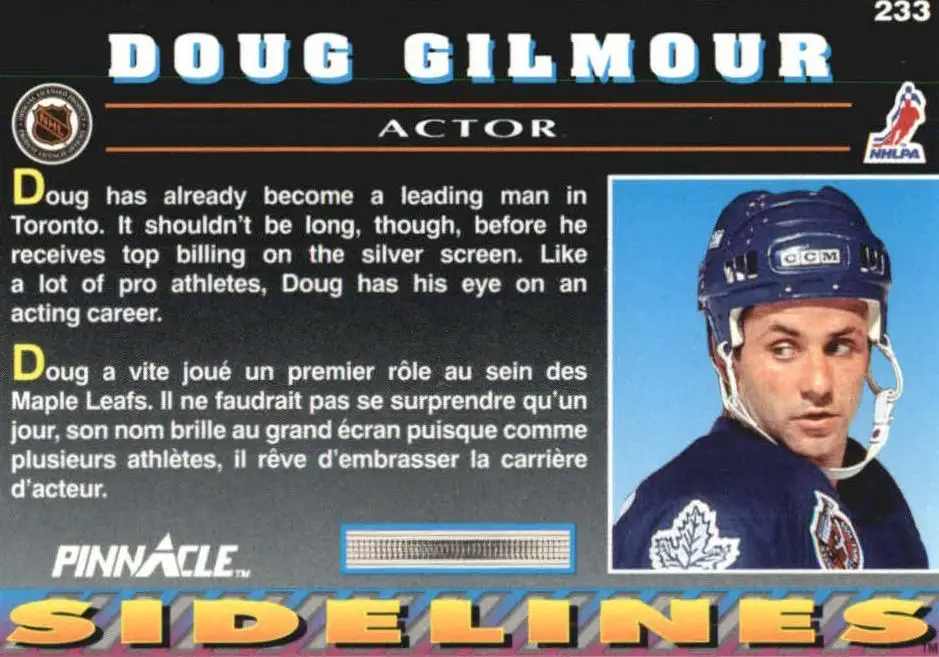 1992-1993 Pinnacle Sidelines Doug Gilmour, weird hockey Card #233 back of card