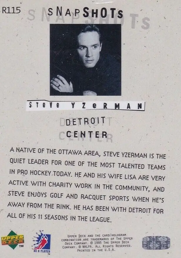 1994-1995 Upper Deck Be a Player Snap Shots Steve Yzerman, weird hockey Cards #R115 back of card
