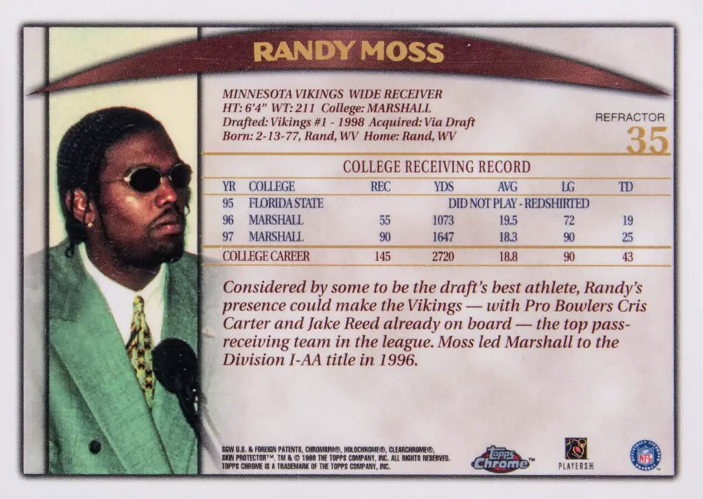1998 Topps Randy Moss Chrome Refractor Rookie Card #35 Back of card