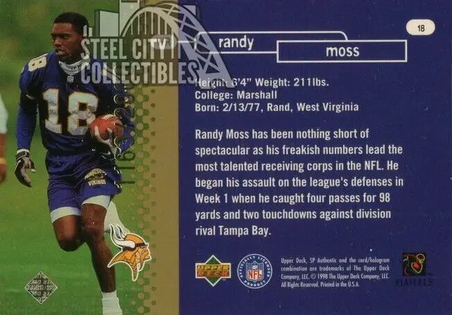 1998 Upper Deck Randy Moss SP Authentic Rookie Card #18 back of card