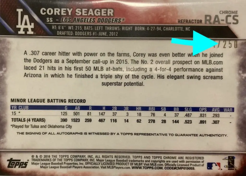2016 Topps baseball cards Chrome Rookie Autographs Purple Refractor Corey Seager Card #RA-CS Back of card