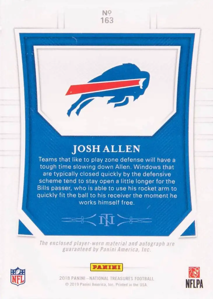 2018 Panini National Treasures Josh Allen Rookie patch auto #163 back of card