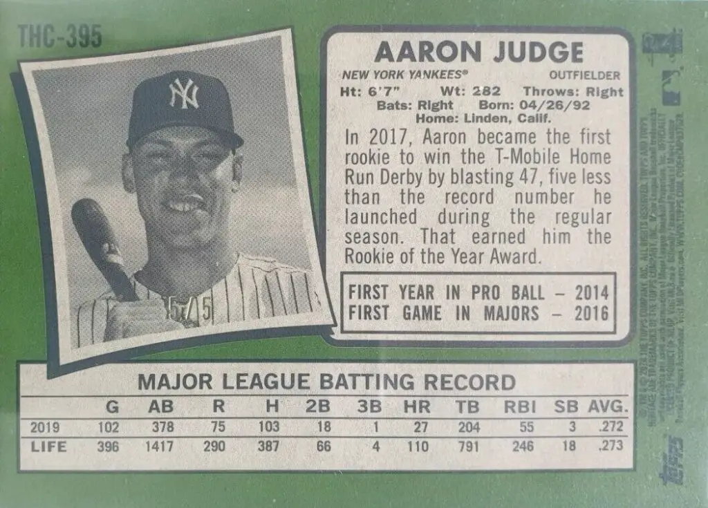 Aaron Judge Card #THC-395 back of card