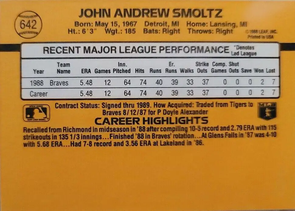 John Smoltz #642 1989 Donruss RC back of card