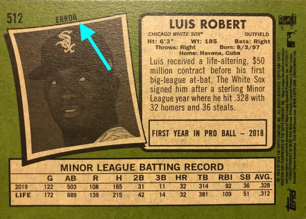 Luis Robert Error Rookie Card (SSP) #512 back of card