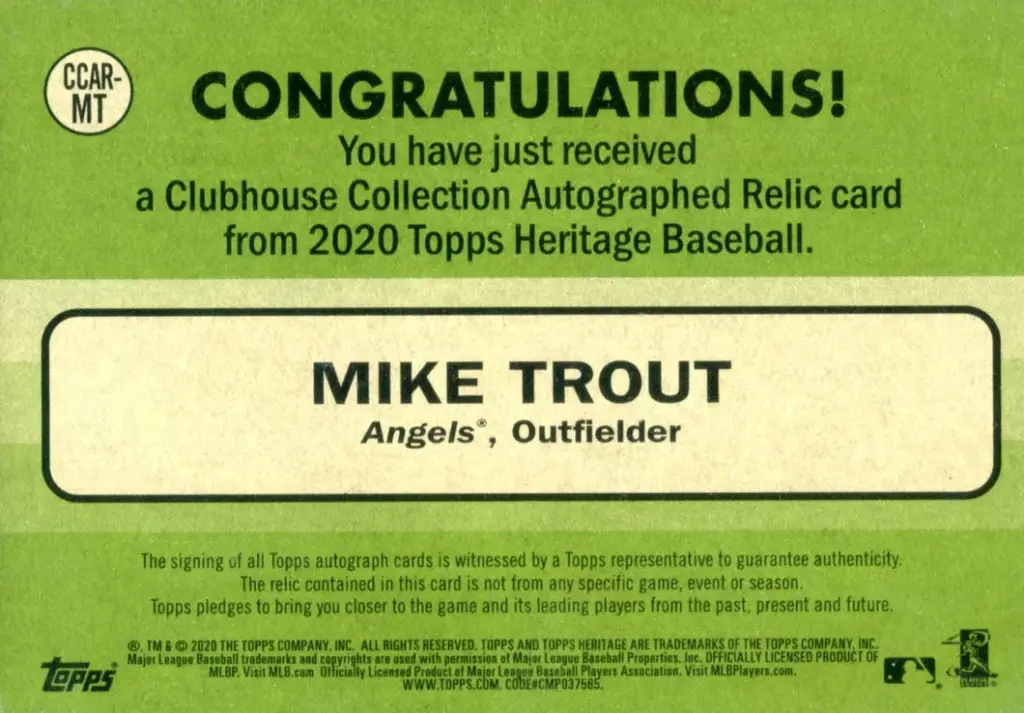 Topps 2020 HeritageMike Trout Clubhouse Collection Autograph Relic card back of card #CCAR-MT
