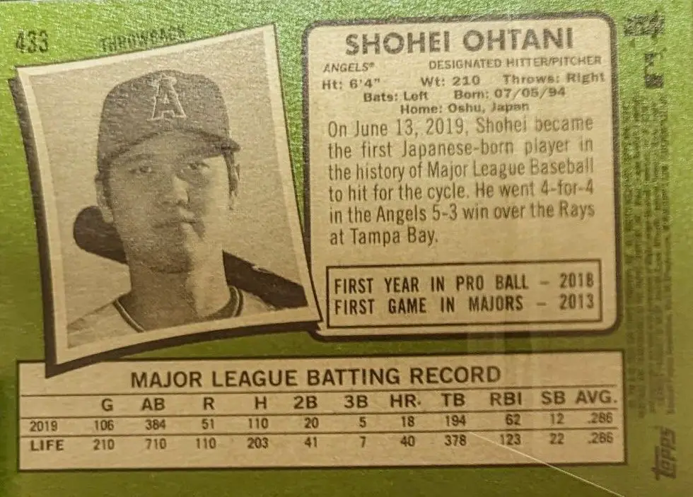Shohei Ohtani Throwback (SSP) Card #433 Back of card