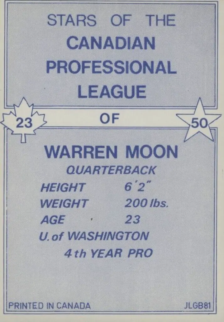 1981 Warren Moon Jogo CFL Rookie Card #23 back of card