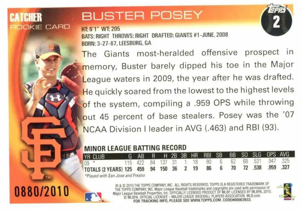 2010 topps Buster Posey Rookie Card Gold Version #2 back of card