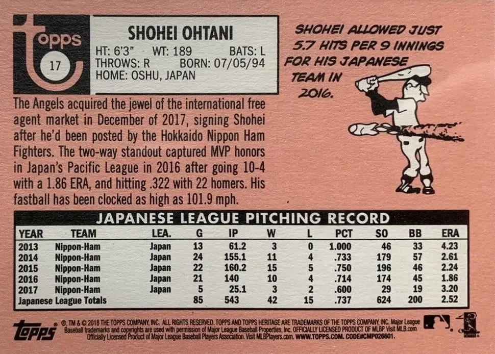 2018 Topps Heritage Shohei Ohtani Rookie Card #17 back of card