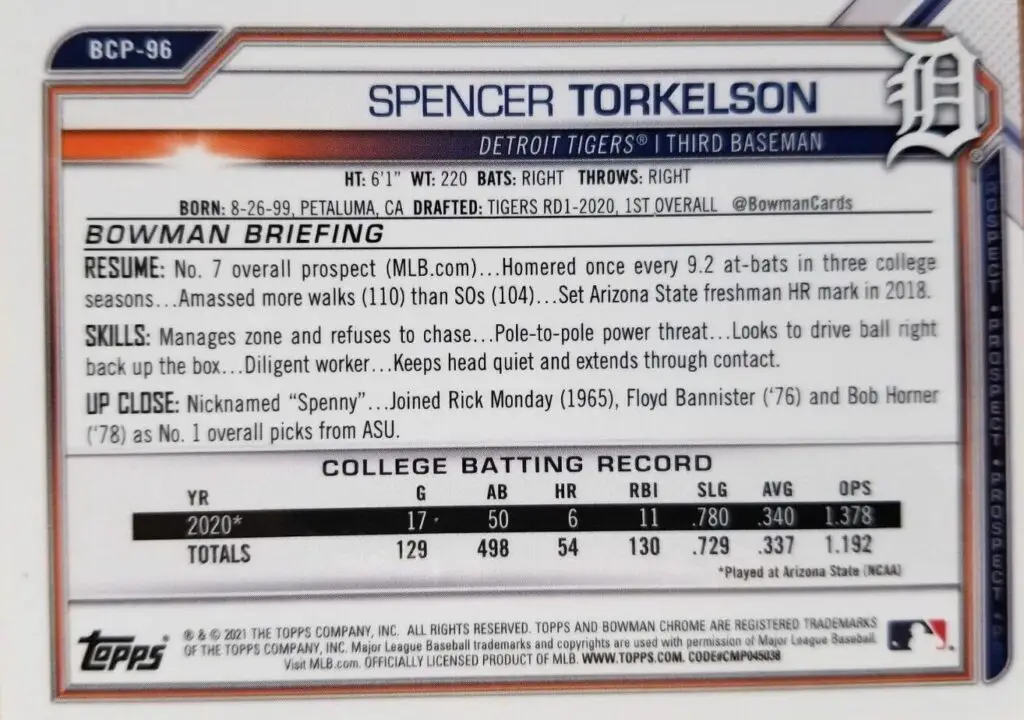 2021 Topps Bowman Sapphire, Rookie Card #BCP-96 back of spencer torkelson