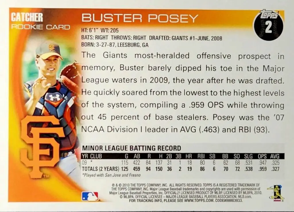 Buster Posey 2010 Topps Rookie Baseball Card Black Version #2 back of card