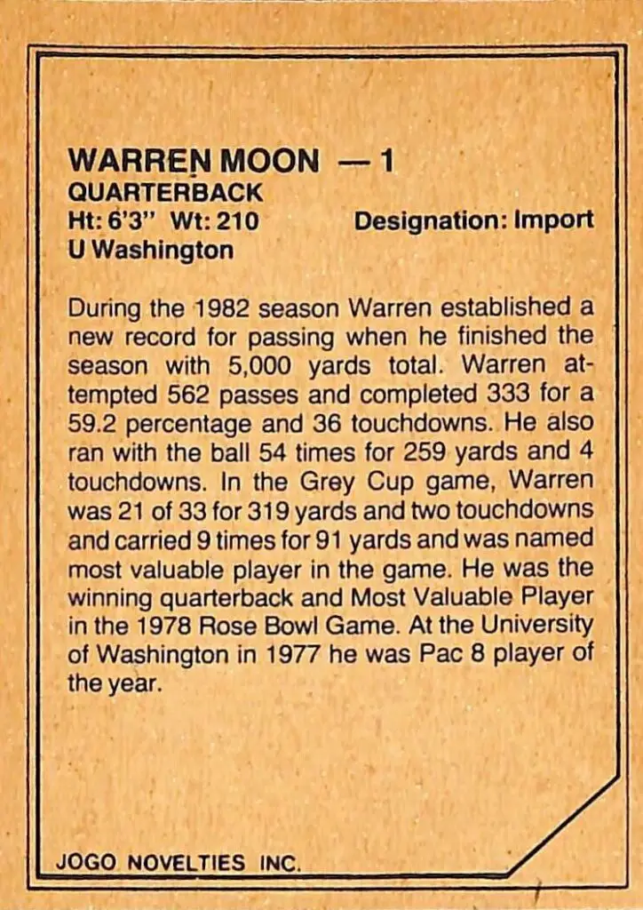 Warren Moon 1983 Jogo CFL football cards back of card
