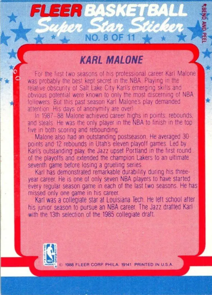 1988-1989 Karl Malone Fleer Super Star Sticker Card #8 back of card
